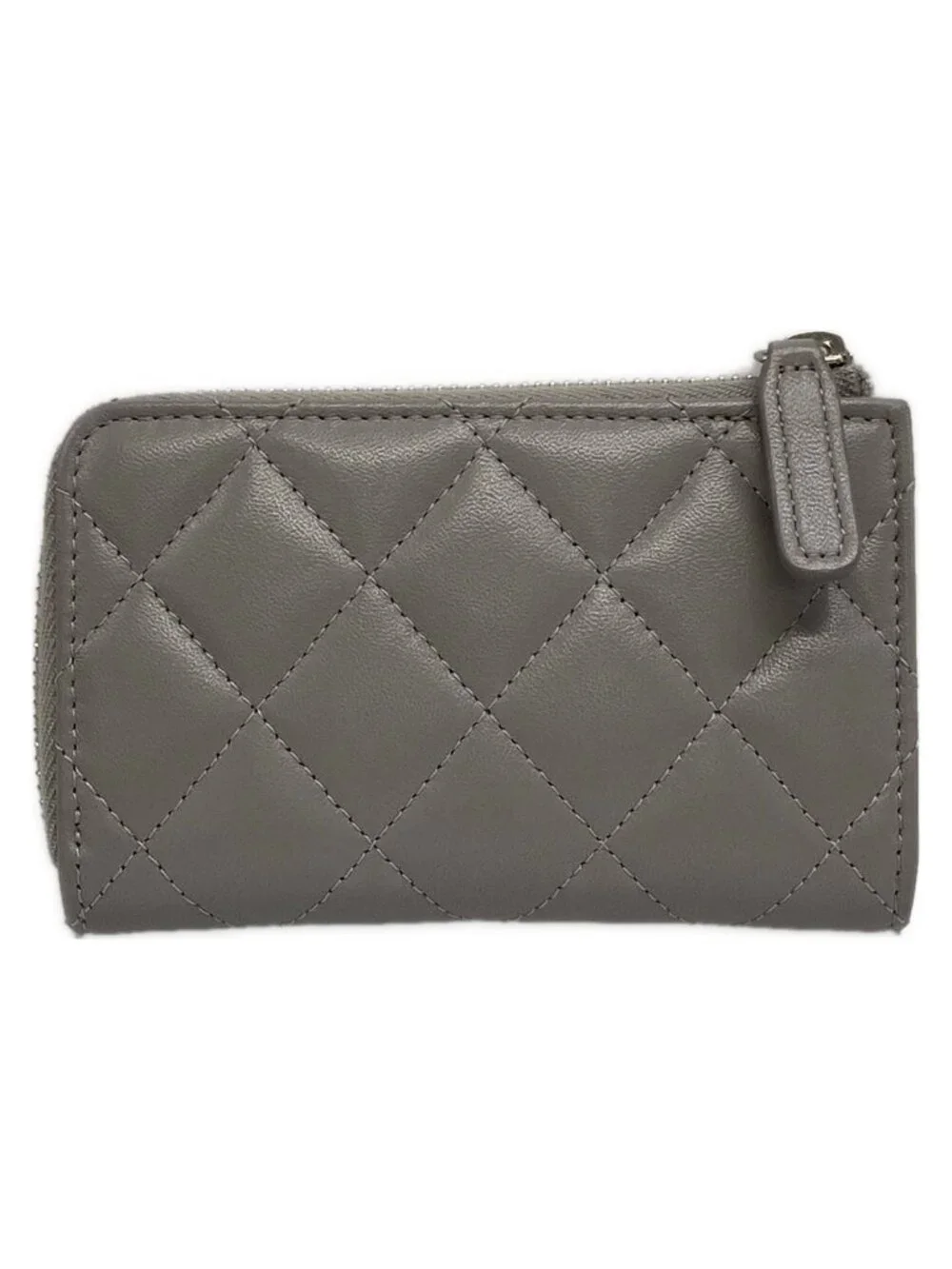 Chanel Coin Case Quilted Gray CC Logo Silver L-shaped Zipper with Key Ring